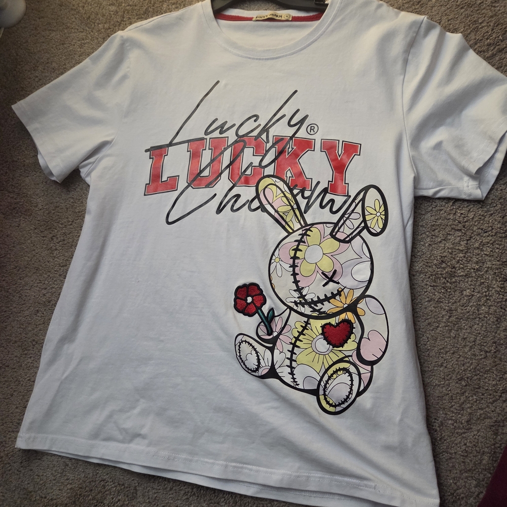White Short Sleeve Tee with Teddy Bear Design